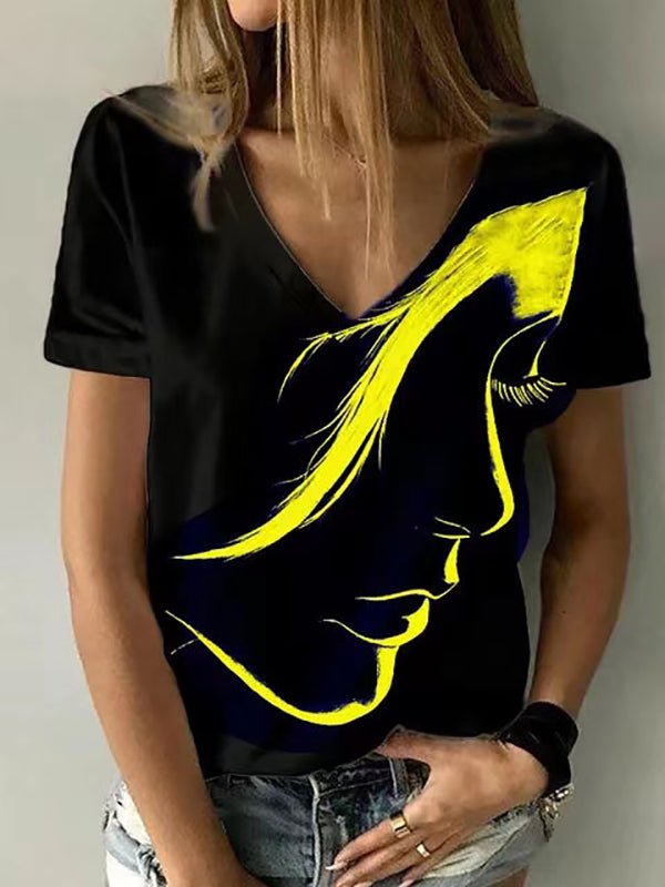 Women's T-Shirts V-Neck Head Print Pullover Short Sleeve T-Shirt - T-Shirts - Instastyled | Online Fashion Free Shipping Clothing, Dresses, Tops, Shoes - 10-20 - 6/1/2023 - color-blue