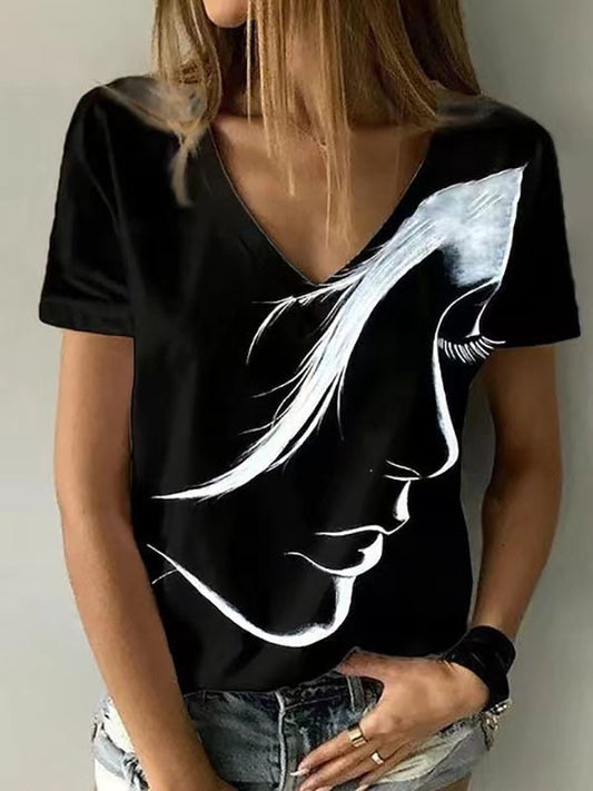 Women's T-Shirts V-Neck Head Print Pullover Short Sleeve T-Shirt - T-Shirts - Instastyled | Online Fashion Free Shipping Clothing, Dresses, Tops, Shoes - 10-20 - 6/1/2023 - color-blue