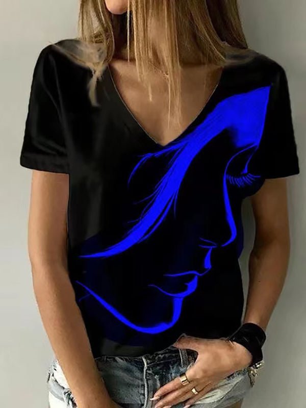 Women's T-Shirts V-Neck Head Print Pullover Short Sleeve T-Shirt - T-Shirts - Instastyled | Online Fashion Free Shipping Clothing, Dresses, Tops, Shoes - 10-20 - 6/1/2023 - color-blue