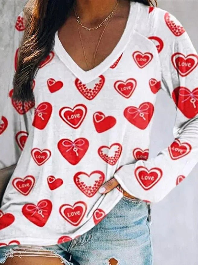 Women's T-Shirts V-Neck Heart Print Long Sleeve T-Shirt - T-Shirts - Instastyled | Online Fashion Free Shipping Clothing, Dresses, Tops, Shoes - 20-30 - 22/02/2022 - color-white