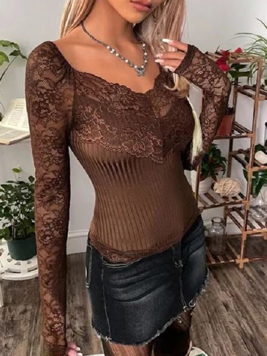 Women's T-Shirts V-Neck Lace Long Sleeve Slim Fit T-Shirt - T-Shirts - Instastyled | Online Fashion Free Shipping Clothing, Dresses, Tops, Shoes - 23/09/2022 - 30-40 - color-coffee