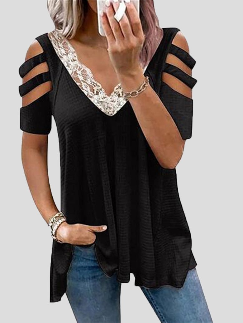 Women's T-Shirts V-Neck Lace Off Shoulder T-Shirt - T-Shirts - Instastyled | Online Fashion Free Shipping Clothing, Dresses, Tops, Shoes - 20-30 - 25/07/2022 - color-black