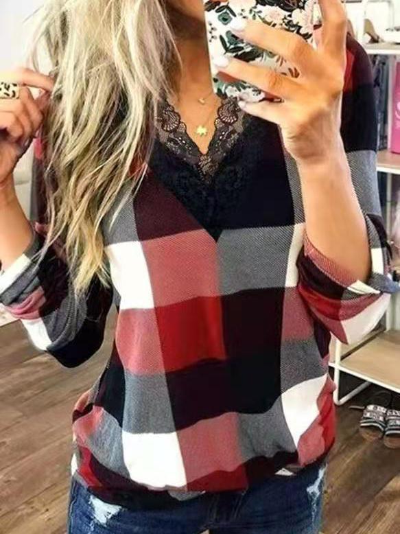 Women's T-Shirts V-Neck Lace Plaid Long Sleeve T-Shirt - T-Shirts - INS | Online Fashion Free Shipping Clothing, Dresses, Tops, Shoes - 10-20 - 23/10/2021 - color-blue