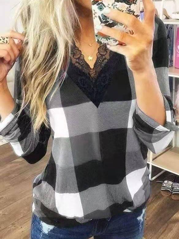 Women's T-Shirts V-Neck Lace Plaid Long Sleeve T-Shirt - T-Shirts - INS | Online Fashion Free Shipping Clothing, Dresses, Tops, Shoes - 10-20 - 23/10/2021 - color-blue