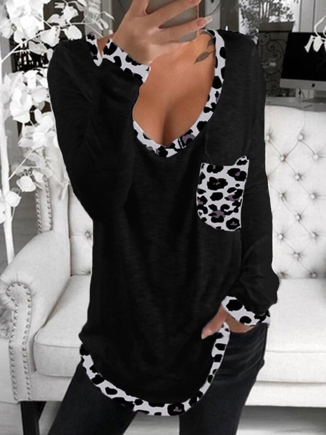 Women's T-Shirts V-Neck Leopard Stitching Pullover Long Sleeve T-Shirt - T-Shirts - INS | Online Fashion Free Shipping Clothing, Dresses, Tops, Shoes - 10-20 - 26/09/2021 - color-army_green