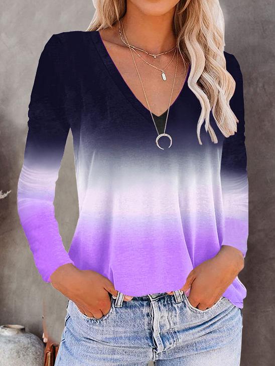 Women's T-Shirts V-Neck Long Sleeve Gradient T-Shirt - T-Shirts - INS | Online Fashion Free Shipping Clothing, Dresses, Tops, Shoes - 10-20 - 10/08/2021 - Category_T-Shirts