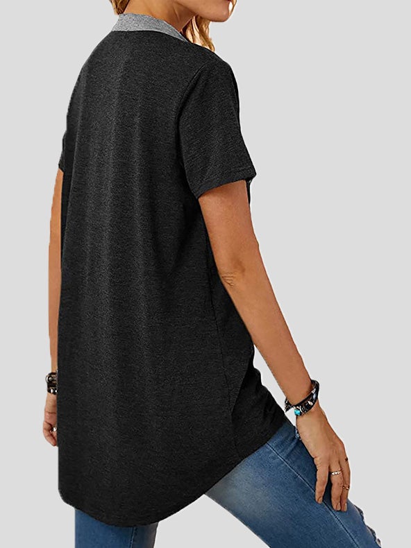 Women's T-Shirts V-Neck Panel Pocket Button Short Sleeve T-Shirt - T-Shirts - Instastyled | Online Fashion Free Shipping Clothing, Dresses, Tops, Shoes - 13/01/2022 - 20-30 - color-black