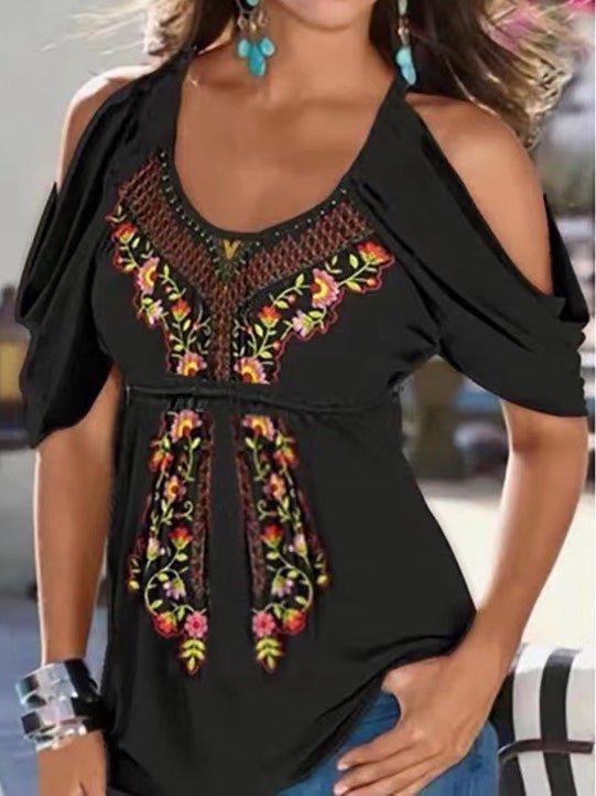 Women's T-Shirts V-Neck Printed Off The Shoulder Short Sleeve T-Shirt - T-Shirts - Instastyled | Online Fashion Free Shipping Clothing, Dresses, Tops, Shoes - 20-30 - 22/02/2022 - color-black