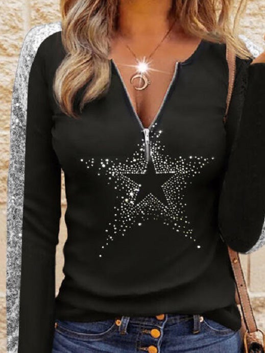 Women's T-Shirts V-Neck Sequin Stitching Star Long Sleeve T-Shirt - T-Shirts - Instastyled | Online Fashion Free Shipping Clothing, Dresses, Tops, Shoes - 24/12/2021 - 30-40 - color-black