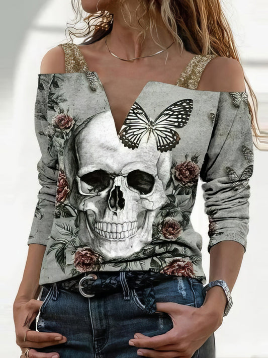 Women's T-Shirts V-Neck Skull Print Suspender Long Sleeve T-Shirt