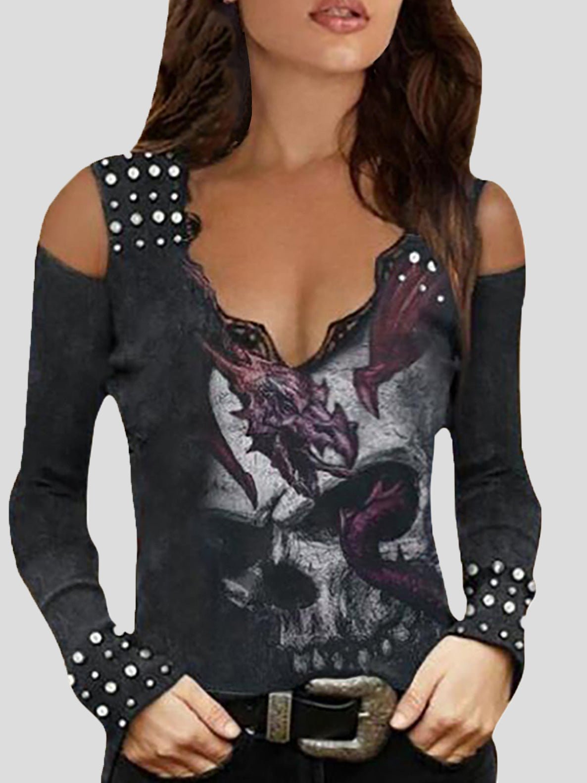 Women's T-Shirts V-Neck Skull Printed Off The Shoulder Long Sleeve T-Shirt - T-Shirts - Instastyled | Online Fashion Free Shipping Clothing, Dresses, Tops, Shoes - 20-30 - 21/03/2022 - color-black