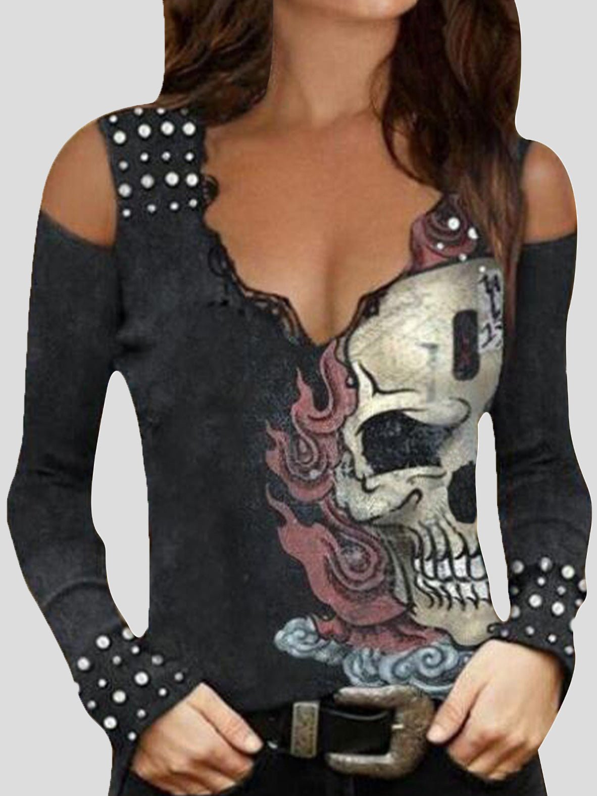 Women's T-Shirts V-Neck Skull Printed Off The Shoulder Long Sleeve T-Shirt - T-Shirts - Instastyled | Online Fashion Free Shipping Clothing, Dresses, Tops, Shoes - 20-30 - 21/03/2022 - color-black