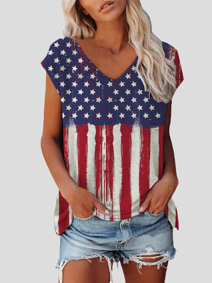 Women's T-Shirts V-Neck Star Stripe Print Short Sleeve T-Shirt - T-Shirts - Instastyled | Online Fashion Free Shipping Clothing, Dresses, Tops, Shoes - 14/06/2022 - 20-30 - color-blue