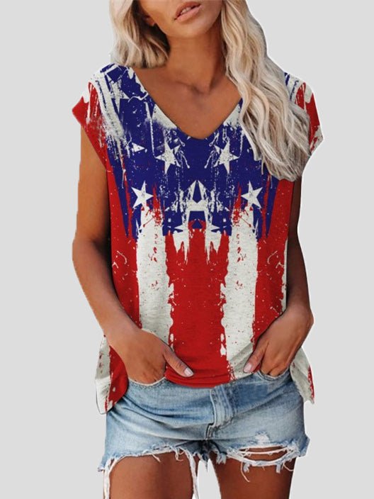 Women's T-Shirts V-Neck Star Stripe Print Short Sleeve T-Shirt - T-Shirts - Instastyled | Online Fashion Free Shipping Clothing, Dresses, Tops, Shoes - 14/06/2022 - 20-30 - color-blue