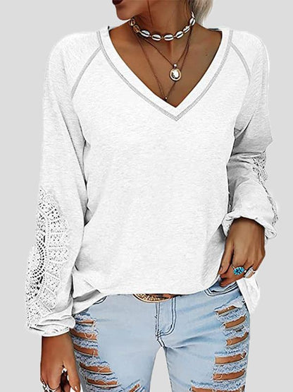 Women's T-Shirts V-Neck Stitching Lace Lantern Long Sleeve T-Shirt - T-Shirts - INS | Online Fashion Free Shipping Clothing, Dresses, Tops, Shoes - 11/11/2021 - 20-30 - color-black