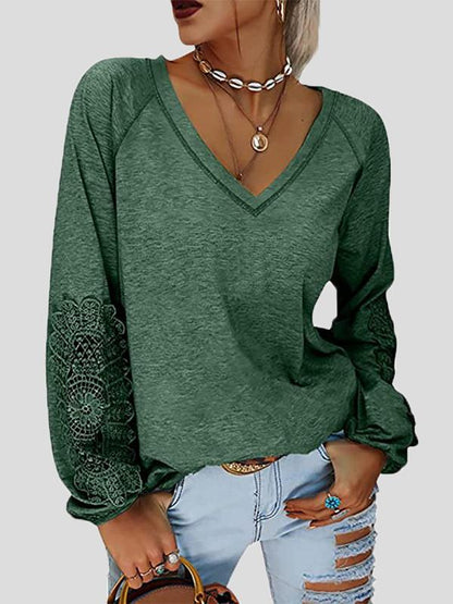 Women's T-Shirts V-Neck Stitching Lace Lantern Long Sleeve T-Shirt - T-Shirts - INS | Online Fashion Free Shipping Clothing, Dresses, Tops, Shoes - 11/11/2021 - 20-30 - color-black