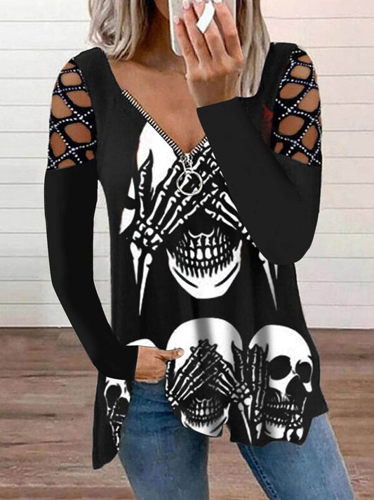 Women's T-Shirts V-Neck Zip Hollow Long Sleeve T-Shirt - T-Shirts - Instastyled | Online Fashion Free Shipping Clothing, Dresses, Tops, Shoes - 19/08/2022 - Color_Black - HDL