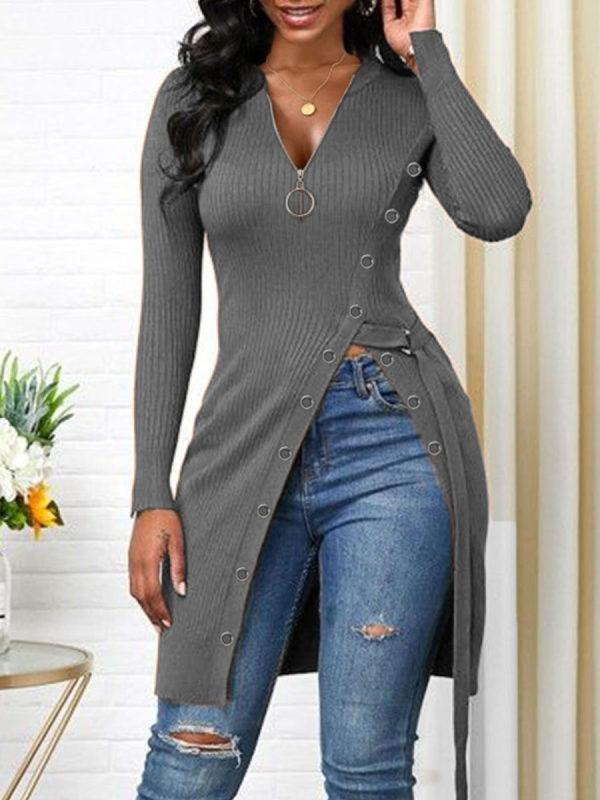 Women's T-Shirts V-Neck Zipper Long Sleeve High Slit T-Shirt - T-Shirts - INS | Online Fashion Free Shipping Clothing, Dresses, Tops, Shoes - 20-30 - 27/09/2021 - color-black