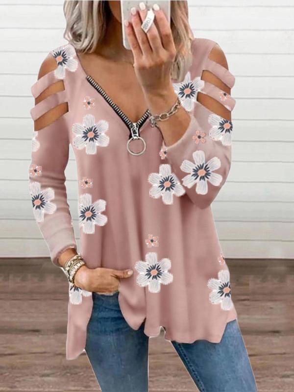 Women's T-Shirts V-Neck Zipper Off-Shoulder Long Sleeve Floral T-Shirt - T-Shirts - INS | Online Fashion Free Shipping Clothing, Dresses, Tops, Shoes - 08/10/2021 - 20-30 - color-black