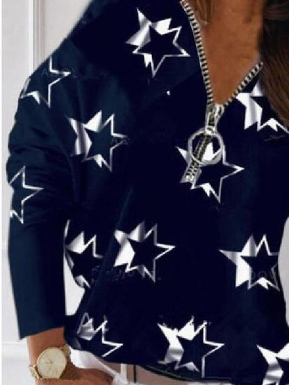 Women's T-Shirts V-Neck Zipper Star Print Long Sleeve Loose T-Shirt - T-Shirts - INS | Online Fashion Free Shipping Clothing, Dresses, Tops, Shoes - 10-20 - 11/08/2021 - Category_T-Shirts