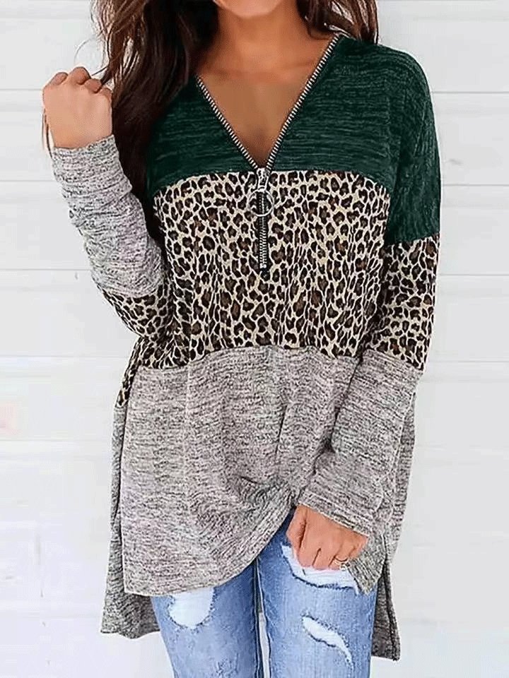 Women's T-Shirts V-Neck Zippered Leopard Print Stitching Long Sleeve T-Shirt - T-Shirts - INS | Online Fashion Free Shipping Clothing, Dresses, Tops, Shoes - 09/10/2021 - 10-20 - color-blue