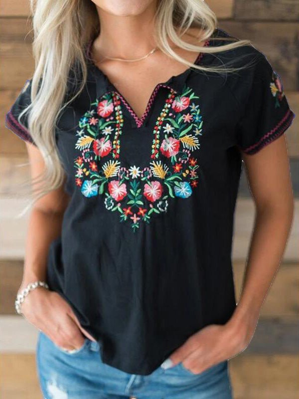 Women's T-Shirts Vintage Embroidered V-Neck Short Sleeve T-Shirt - T-Shirts - Instastyled | Online Fashion Free Shipping Clothing, Dresses, Tops, Shoes - 06/04/2022 - 30-40 - color-black