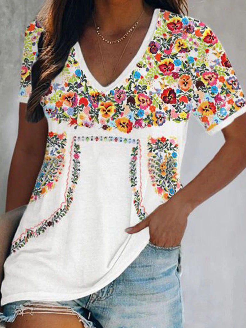 Women's T-Shirts Vintage Print V-Neck Short Sleeve T-Shirt - MsDressly