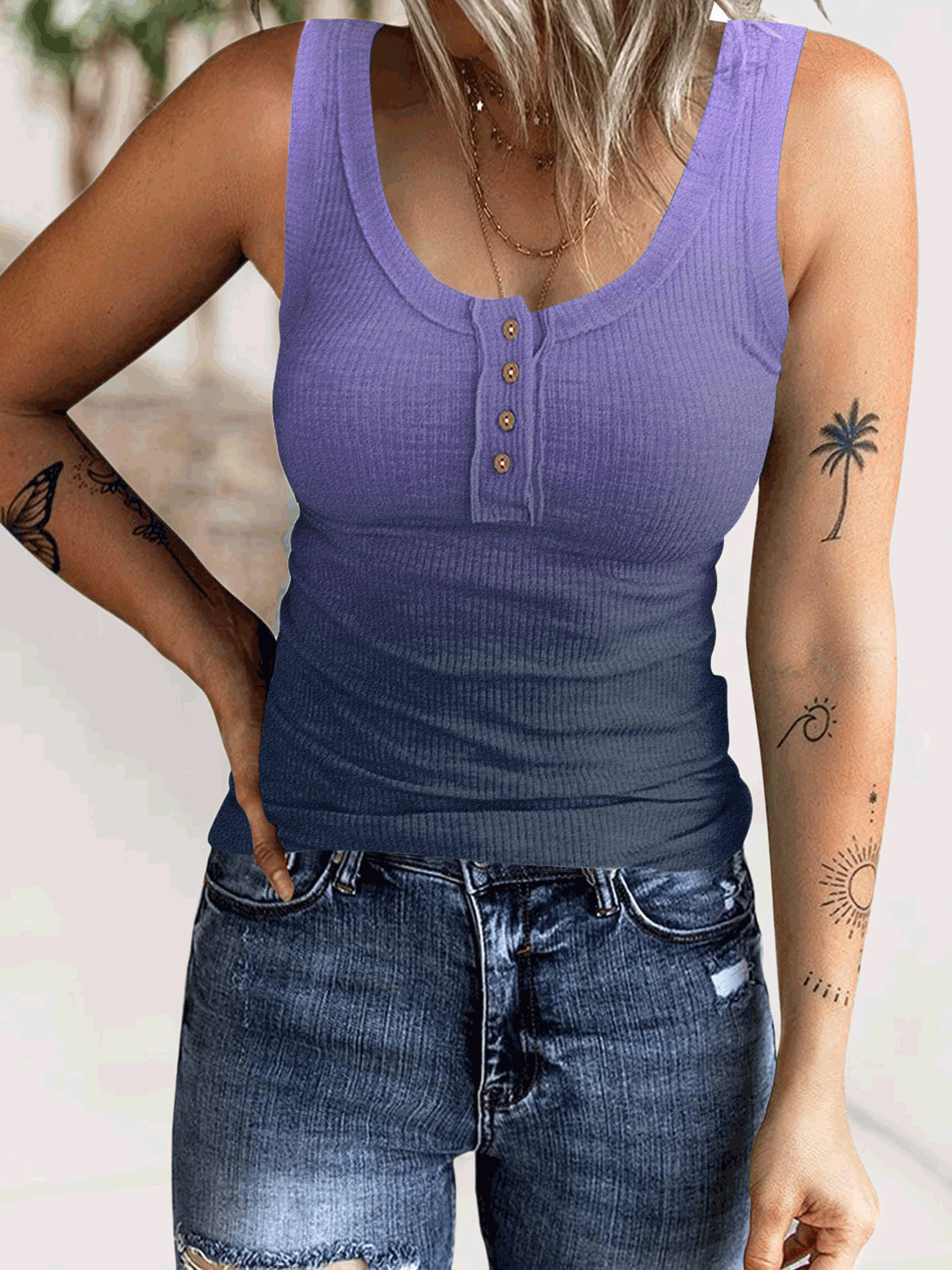 Women's Tank Tops Button Gradient Sleeveless Tank Top - Tank Tops - Instastyled | Online Fashion Free Shipping Clothing, Dresses, Tops, Shoes - 11/04/2022 - 20-30 - color-blue