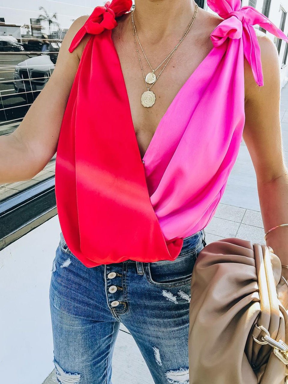 Women's Tank Tops Casual Contrast V-Neck Belted Sleeveless Tank Top - Tank Tops - Instastyled | Online Fashion Free Shipping Clothing, Dresses, Tops, Shoes - 07/06/2022 - Color_Red - HDL