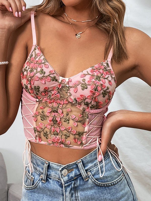 Women's Tank Tops Embroidered Flower Belted Tank Top - Tank Tops - Instastyled | Online Fashion Free Shipping Clothing, Dresses, Tops, Shoes - 09/02/2022 - 20-30 - color-pink