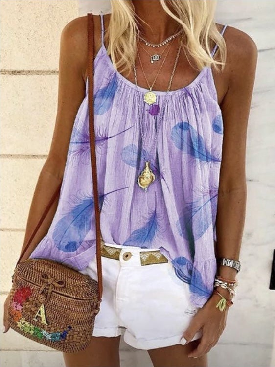 Women's Tank Tops Feather Print Sling Sleeveless Casual Vest - Tank Tops - Instastyled | Online Fashion Free Shipping Clothing, Dresses, Tops, Shoes - 06/01/2022 - 20-30 - color-blue