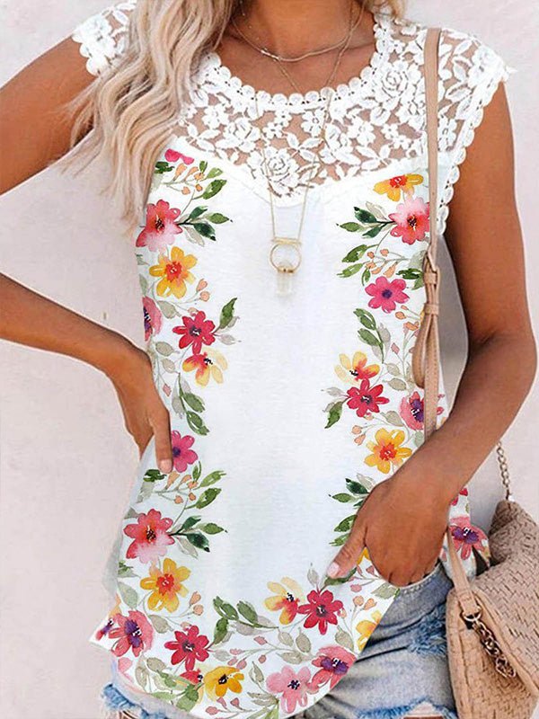 Women's Tank Tops Floral Print Crew Neck Lace Tank Top - Tank Tops - Instastyled | Online Fashion Free Shipping Clothing, Dresses, Tops, Shoes - 20-30 - 28/03/2022 - color-white