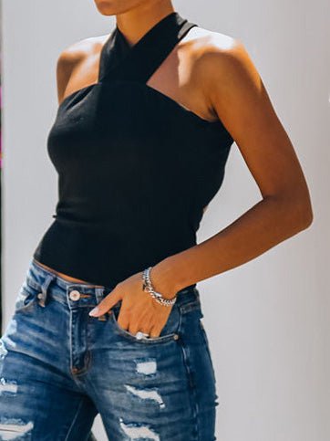 Women's Tank Tops Halter Belted Off Shoulder Tank Top - Tank Tops - Instastyled | Online Fashion Free Shipping Clothing, Dresses, Tops, Shoes - 17/03/2022 - 20-30 - color-black