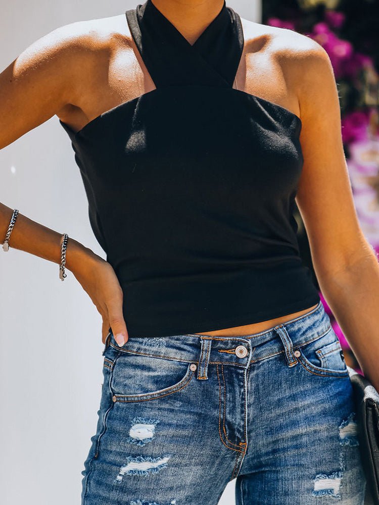 Women's Tank Tops Halter Belted Off Shoulder Tank Top - Tank Tops - Instastyled | Online Fashion Free Shipping Clothing, Dresses, Tops, Shoes - 17/03/2022 - 20-30 - color-black