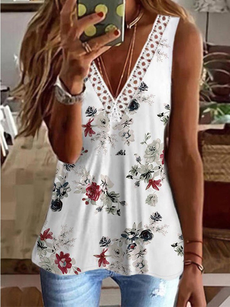 Women's Tank Tops Lace V-Neck Print Sleeveless Tank Top - Tank Tops - Instastyled | Online Fashion Free Shipping Clothing, Dresses, Tops, Shoes - 16/05/2022 - 20-30 - color-black