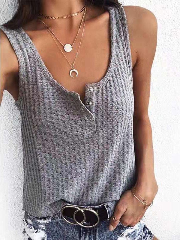 Women's Tank Tops Solid U-Neck Snap Button Sleeveless Tank Top - Tank Tops - Instastyled | Online Fashion Free Shipping Clothing, Dresses, Tops, Shoes - 01/07/2022 - 20-30 - color-black