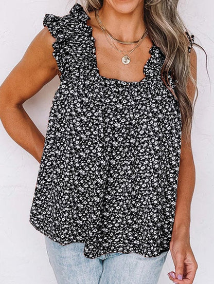 Women's Tank Tops Square Neck Ruffle Sleeveless Floral Tank Top - Tank Tops - Instastyled | Online Fashion Free Shipping Clothing, Dresses, Tops, Shoes - 14/01/2022 - 20-30 - color-black