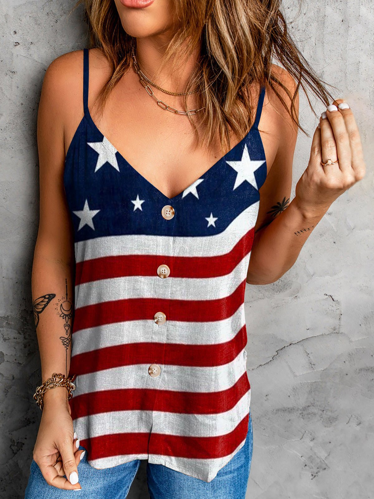 Women's Tank Tops Star Stripe Print Sling V-Neck Button Tank Top - Tank Tops - Instastyled | Online Fashion Free Shipping Clothing, Dresses, Tops, Shoes - 20-30 - 23/06/2022 - color-blue