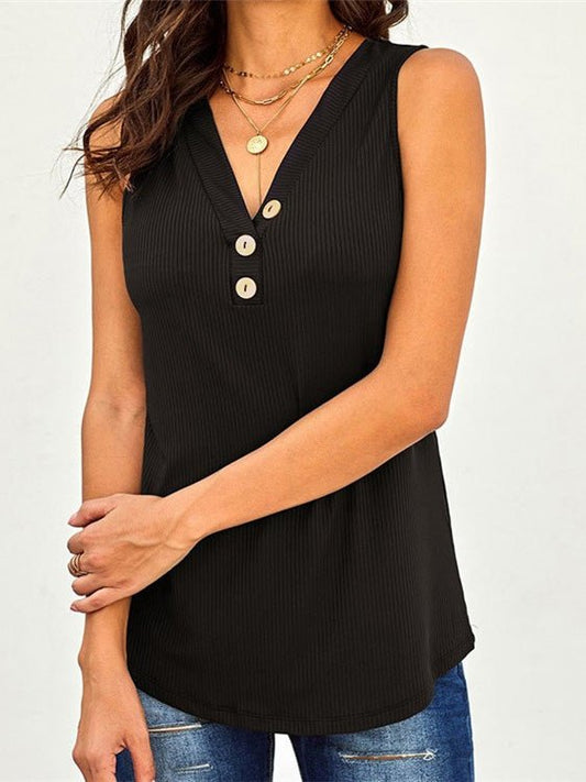 Women's Tank Tops V-Neck Button Casual Tank Top - Tank Tops - Instastyled | Online Fashion Free Shipping Clothing, Dresses, Tops, Shoes - 13/07/2022 - 20-30 - color-black