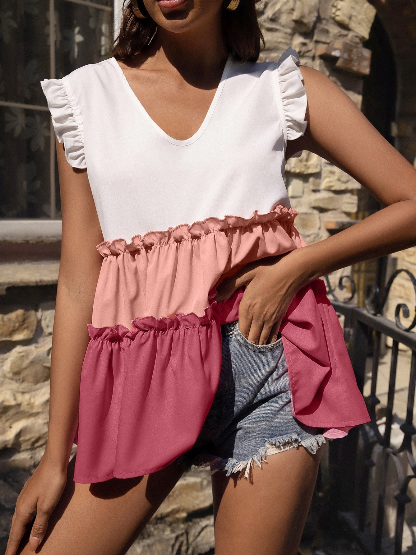 Women's Tank Tops V-Neck Contrast Ruffle Sleeveless Casual Tank Tops - Tank Tops - Instastyled | Online Fashion Free Shipping Clothing, Dresses, Tops, Shoes - 18/05/2022 - 20-30 - color-blue_pink