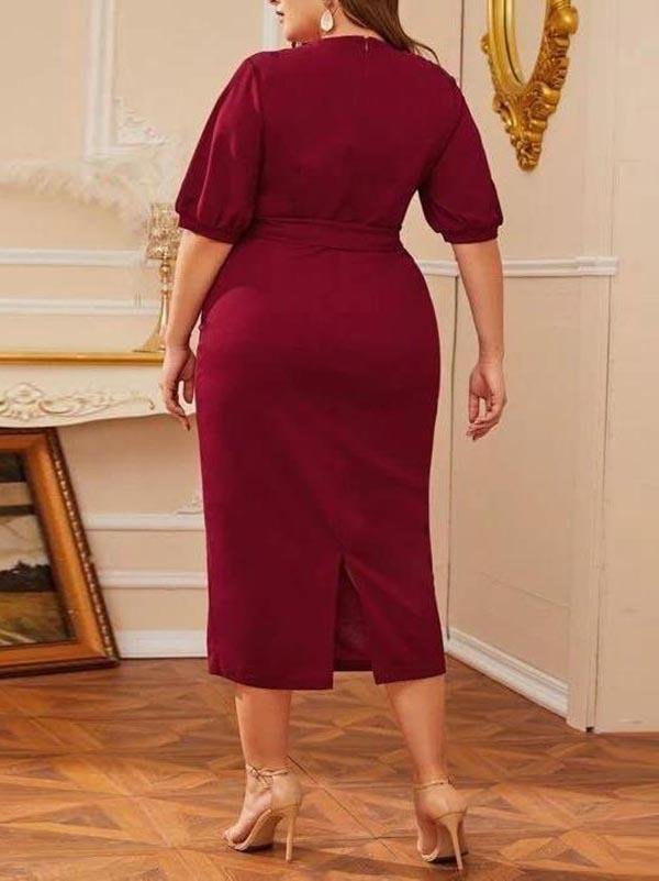 women's v-neck dress - CURVE+PLUS - INS | Online Fashion Free Shipping Clothing, Dresses, Tops, Shoes - Bishop - Color_Red - CURVE+PLUS