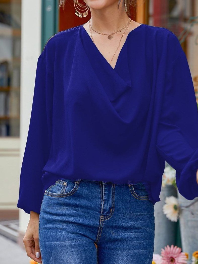 Women's V-neck Long-sleeved Loose Fitting Shirt - Tops - INS | Online Fashion Free Shipping Clothing, Dresses, Tops, Shoes - Best Seller - Blouse - Blue