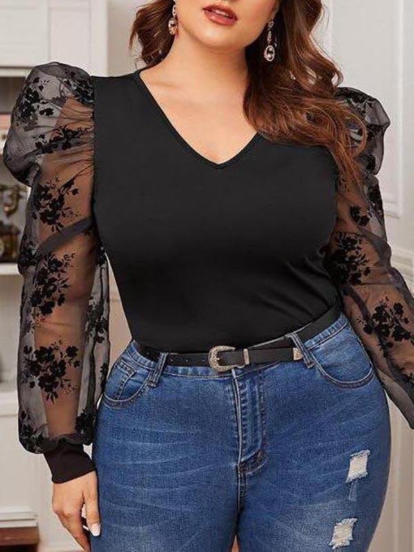 Women's V neck Mesh Bubble Sleeve T Shirt - CURVE+PLUS - INS | Online Fashion Free Shipping Clothing, Dresses, Tops, Shoes - Curve + Plus - Mx Curve+Plus -