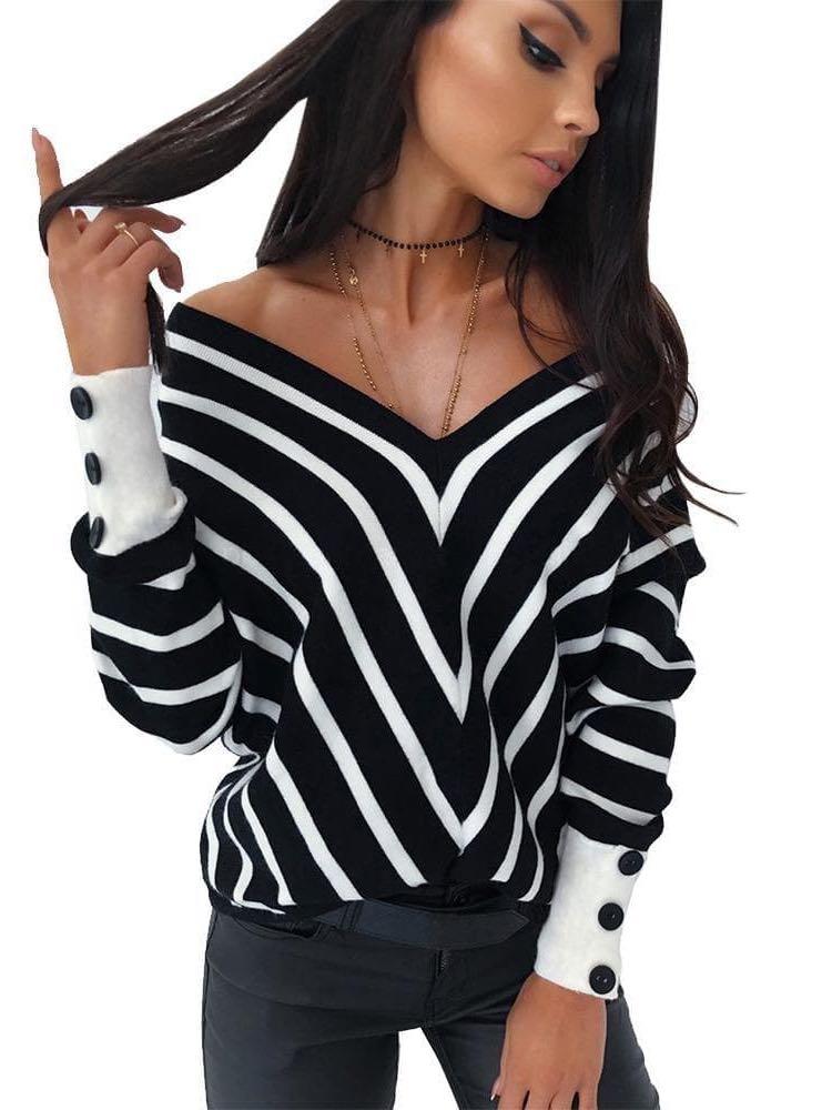 Women's V-neck Off-Shoulder Knit Sweater - INS | Online Fashion Free Shipping Clothing, Dresses, Tops, Shoes