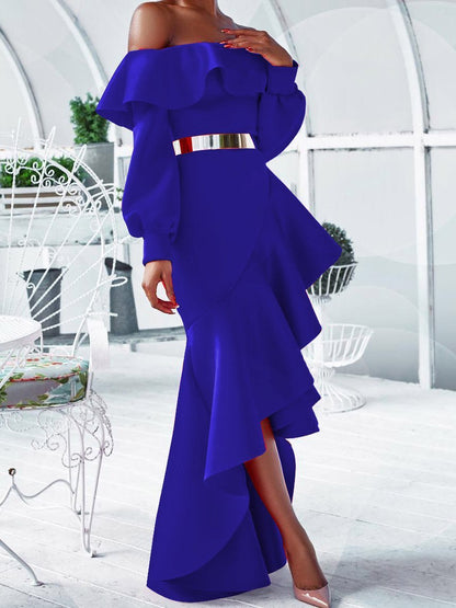 Wrapped One-Shoulder Ruffled Long Sleeve Dress - Maxi Dresses - INS | Online Fashion Free Shipping Clothing, Dresses, Tops, Shoes - 22/07/2021 - 30-40 - Category_Maxi Dresses