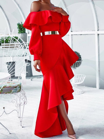 Wrapped One-Shoulder Ruffled Long Sleeve Dress - Maxi Dresses - INS | Online Fashion Free Shipping Clothing, Dresses, Tops, Shoes - 22/07/2021 - 30-40 - Category_Maxi Dresses