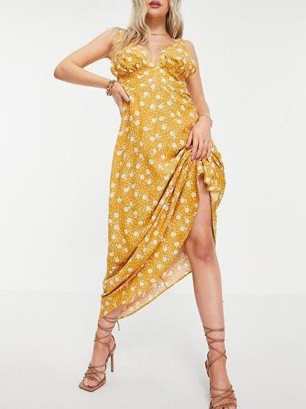 Yellow Print Plunging Collar Elastic Strap Maxi Dress - Maxi Dresses - INS | Online Fashion Free Shipping Clothing, Dresses, Tops, Shoes - 15/04/2021 - 1504V3 - Color_Yellow