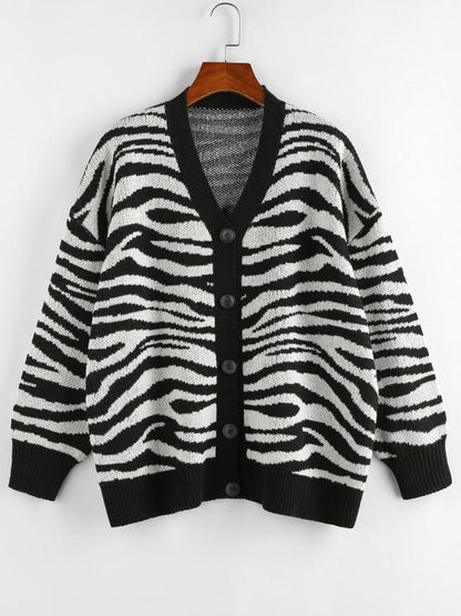 Zebra Print Drop Shoulder Loose Cardigan - Cardigans - INS | Online Fashion Free Shipping Clothing, Dresses, Tops, Shoes - 02/09/2021 - Autumn - Black
