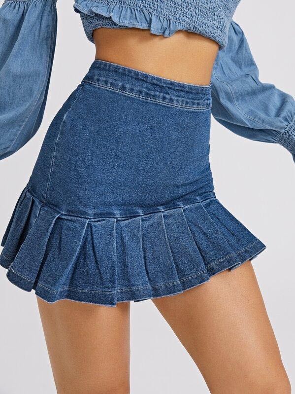 Zip Back Pleated Ruffle Hem Denim Skirt - INS | Online Fashion Free Shipping Clothing, Dresses, Tops, Shoes