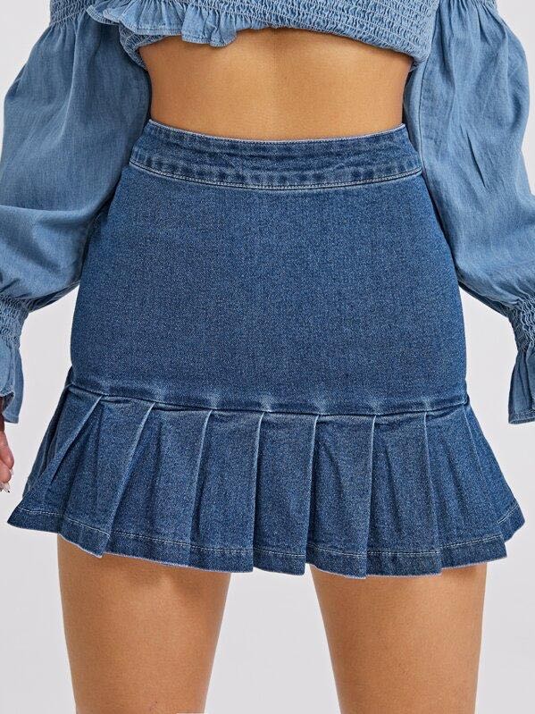 Zip Back Pleated Ruffle Hem Denim Skirt - INS | Online Fashion Free Shipping Clothing, Dresses, Tops, Shoes